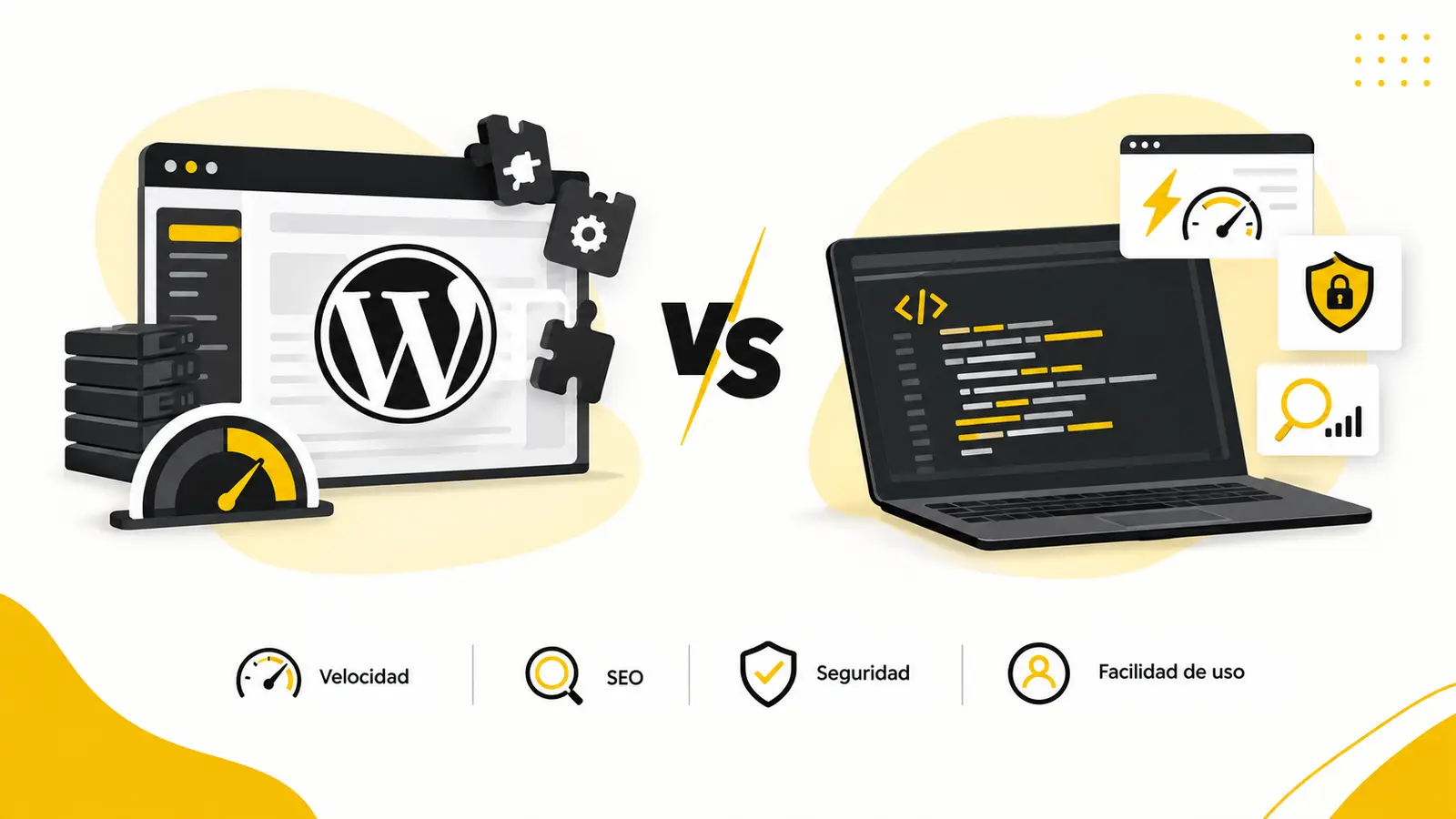 Ilustración comparativa: a la izquierda, una ventana con el logo de WordPress rodeada de plugins y un velocímetro; a la derecha, una laptop con código y los íconos de velocidad, seguridad y SEO. Abajo, los cuatro criterios: velocidad, SEO, seguridad y facilidad de uso.