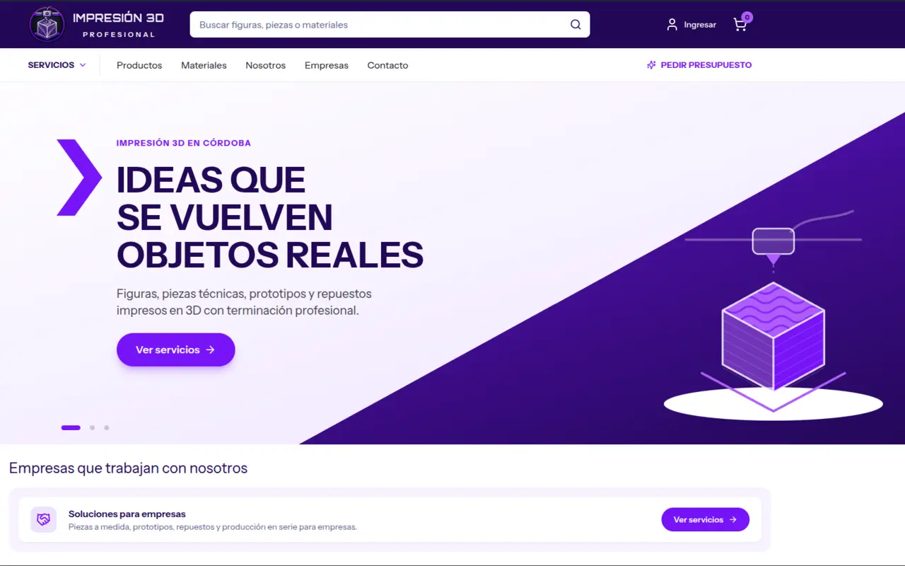 Página de inicio de CBA3D: un cubo impreso en 3D con el título "Ideas que se vuelven objetos reales", un buscador de figuras y piezas y un carrito de compras.
