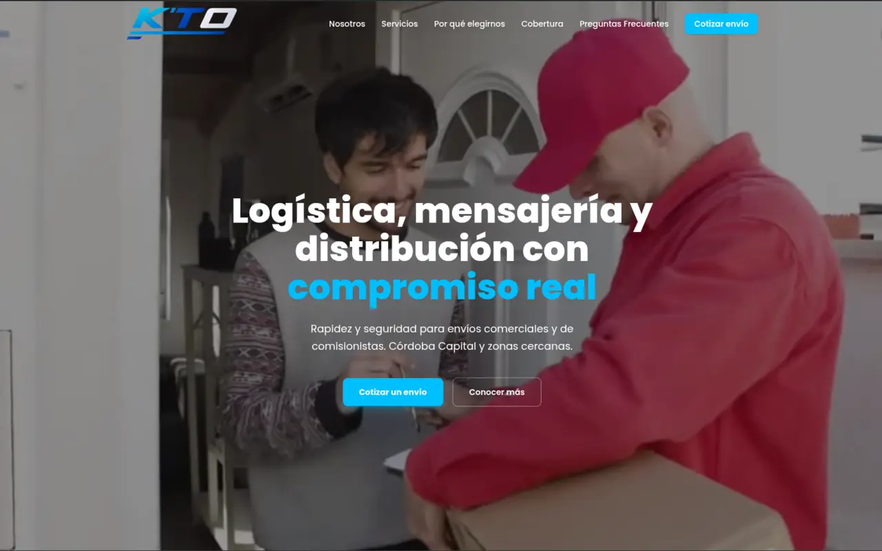 Página de inicio de KTO Mensajería: un repartidor entrega una caja con el título "Logística, mensajería y distribución con compromiso real".